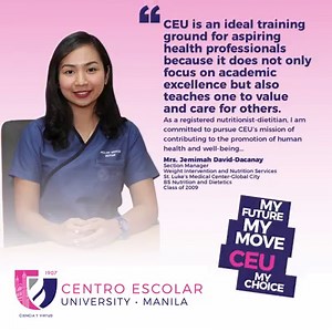 Here's a registered Nutritionist-Dietitian from CEU who has successfully become her very own dream health professional with her training and dedication to promoting human well-being. Do you want to pursue BS Nutrition and Dietetics and be able to use your knowledge in helping people eat healthier choices and improve their well-being? Make your move! #CEUMyChoice For more information on our program offerings, click here: bit.ly/2xQEXrx | Centro Escolar University Official