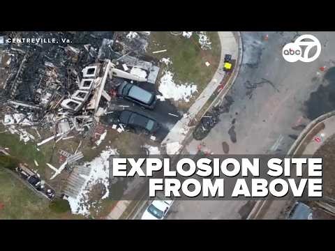Aerial view of Centreville blast site as crews search for gas leak