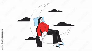 Relaxed woman sleeping on moon line 2D animation. Mental health care. Female napping in night sky 4K video motion graphic. Healthy sleep habit linear animated cartoon flat concept, white background