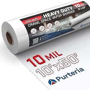 Crawl Space Vapor Barrier, 10 Mil White Vapor Barrier, 10' x 50', Thick Plastic Sheeting, Heavy Duty Polyethylene Film, Drop Cloth Covering for Crawlspace, Basement