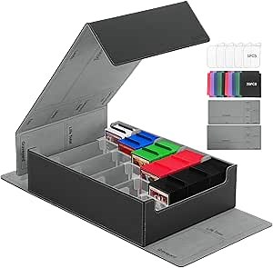 5 Row Trading Card Storage Box, 3800+Bulk Card Organizer Box with 20 Dividers & 5 Supporters, Graded Card Deck Box for YuGiOh, MTG, TCG with Double Lid Black/Grey