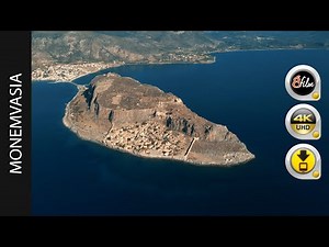 Monemvasia the Castle. Historic Old Town in Greece. Aerial Stock Footage.