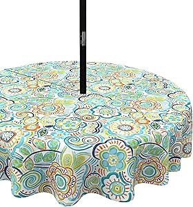 LVTXIII Outdoor Tablecloth with Umbrella Hole and Zipper, 60 Inch Water-Repellent Patio Table Cloth, Round Table Covers for Backyard Garden, Flower Blue