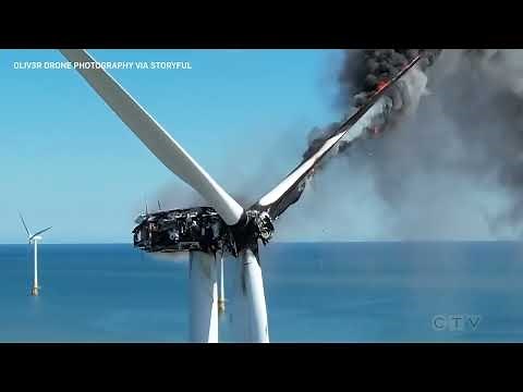 Wind turbine catches fire off the coast of England