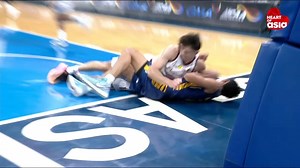 WATCH: Perpetual's Patrick Sleat was called for an unsportsmanlike foul after landing on JRU's Ivan Panapanaan in the third quarter of the Altas-Heavy Bombers quarterfinal matchup in #NCAASeason101 men's basketball. WATCH LIVE: https://www.youtube.com/watch?v=Bg8Tc4faEt4 #NCAASeason101 #BuildingGreatness #GMASports | GMA Sports PH