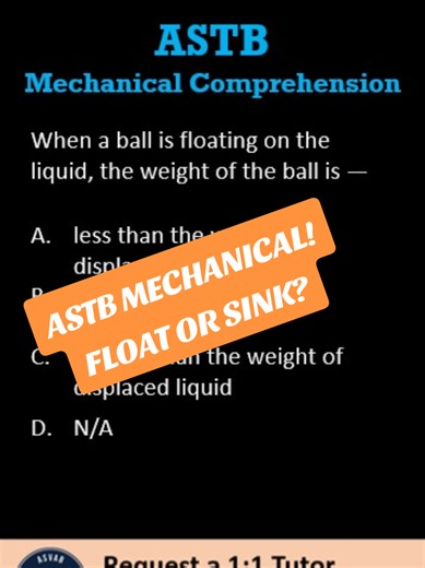 This ASTB Mechanical Comprehension practice question focuses on the principle of buoyancy, testing your understanding of the relationship between a floating object and the liquid it displaces. In this video, you’ll learn how to quickly analyze floating versus sinking scenarios, avoid common test traps, and confidently answer similar buoyancy questions on the ASTB exam. #ASTB #MechanicalComprehension #Buoyancy #PhysicsBasics #NavalAviation