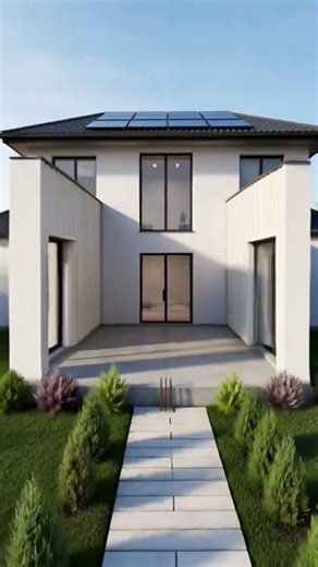 A 3D architectural visualization of a modern house construction time-lapse sequence.