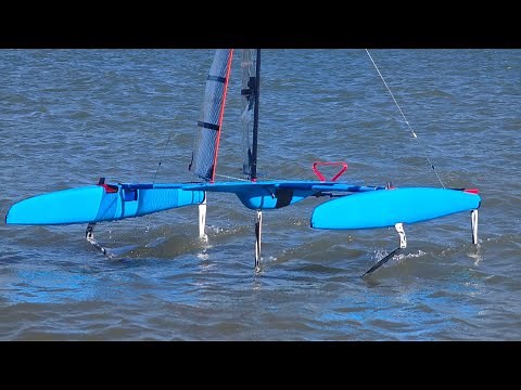 Blue RC foiling Catamaran sailboat mini40