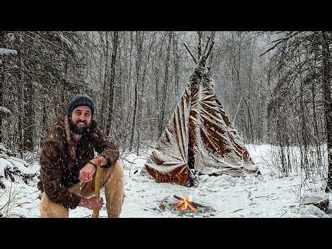 Riding out a BLIZZARD in a Teepee! Bushcraft Build