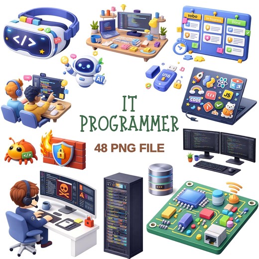IT Programmer Clipart Bundle | 48 Coding PNG Files With Dev Tools, AI, Servers, Bugs, Laptops | Digital Download - Etsy Canada