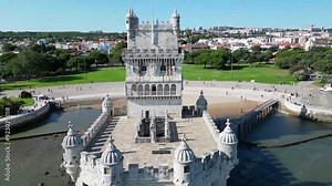 Sunny Day in Lisbon: Aerial Views of Belem Tower (Torre de Belém) in Portugal.