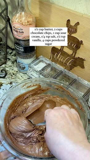 233K views · 20K reactions | Chocolate frosting from better homes and Gardens. Melt 1/2 stick butter, add in 2 cups of chocolate chips and stir until completely melted. May microwave for 10 to 15 seconds at a time until able to stir in completely. Next sprinkle a little bit of sea salt approximately 1/4 teaspoon. Add 1 cup sour cream. Next add 1/2 teaspoon vanilla. Next 2 to 4 cups powdered sugar blended in. | PastTimecook | Facebook