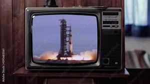 Apollo 11 Launch on a Retro Television. Elements of this video furnished by NASA. 4K Resolution.