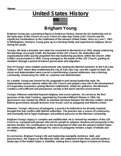 Brigham Young "Article & Questions” Assignment | Teaching Resources