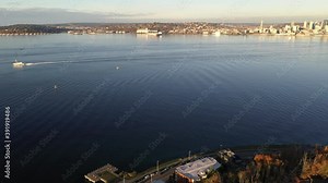Birdseye view of West Seattle, the West Seattle bridge, Bainbridge Ferry, Bremerton Ferry, Seattle Harbor, cruise terminals, Elliott Bay in Seattle, King County, Washington