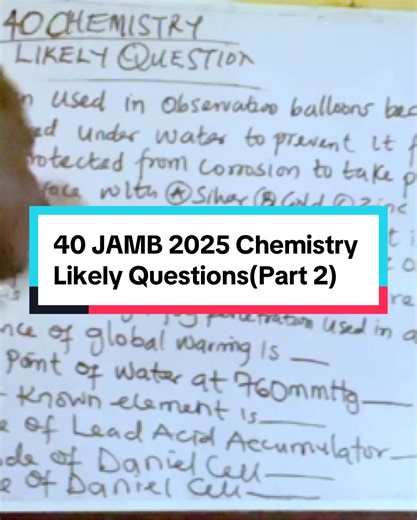 40 JAMB 2025 Chemistry Likely Questions ( Score 90 In Your Chemistry JAMB) #Chemistry #Jamb #chemistryquestions #JambQuestions #science #sciencestudent #nigeriantiktok🇳🇬🇳🇬 #fyp #tiktokviralvideo #tiktokviral #Deechemistrytutor #jambsyllabus #UTME