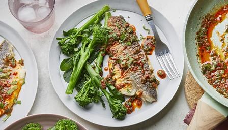 Pan-fried sea bass in harissa butter recipe
