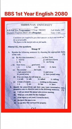 Bbs 1st year English Question paper 2080 exam ❤️😍 Business English bbs 1st year question paper 2080