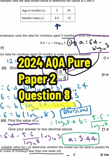 A-Level Maths 2024 AQA Pure (Paper 2) Question 8 🔥 Modelling with Logarithms 🧮 #alevelmaths #lawsoflogs #logarithms #exampractice #pastpapers Follow for more exam walkthroughs and topic rundowns 💪