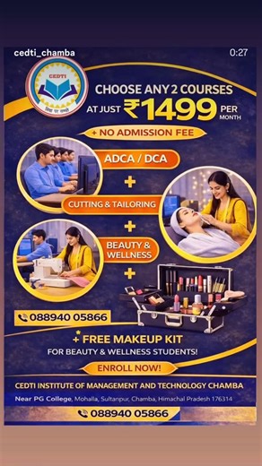 CEDTI CHAMBA on Instagram: "SESSION 2026–2027 Start your career in 2026 with industry-relevant courses at CEDTI Institute of Management & Technology. ✅ NIELIT O Level (Diploma in Computer Applications) ✅ DCA & DIT Computer Courses ✅ Beauty & Wellness Training ✅ Cutting & Tailoring Course 📍 Near PG College, Sultanpur, Chamba (H.P.) 📞 Call Now: 088940 05866 📢 Limited seats available – enroll today! #NIELITOLevel #DCAcourse #BeautyAndWellnessCourse #CuttingAndTailoring #Comp
