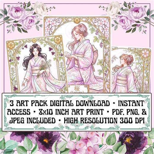 Art Nouveau Woman Kimono Print Pack | Cherry Blossom, Noble Orchid, Shepherd's Purse (digital Download) - Etsy