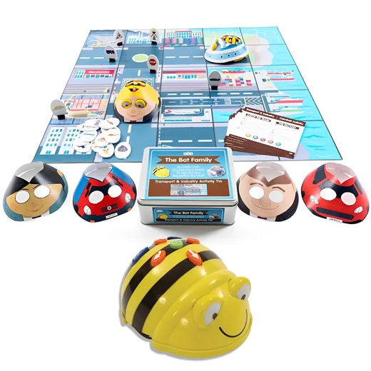 TTS Bee-Bot Programmable Robot See & Say Version with Transport & Industry Mat 75x75 cm & Activity Tin Bundle | Coding STEM Education Toys for Kids Classroom Learning Set