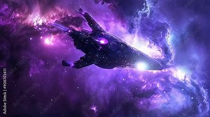 A deep-space alien battleship travels across a galactic starfield
