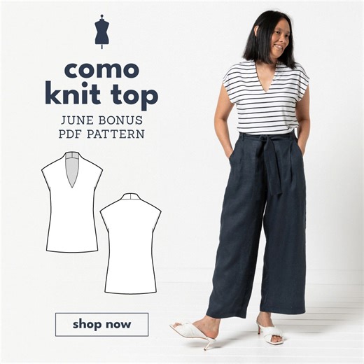 Easy to wear, easy to style – and ready to sew! 🪡 The relaxed fit, V-shaped neckline and drop shoulders of our Como Knit Top PDF Pattern make for the ideal everyday essential – and the perfect choice for your next project. Claim Como as your Bonus PDF Pattern this June by adding it to your cart along with another pattern of your choice, then click the green discount code at check-out. Shop Style Arc today! | Style Arc sewing patterns