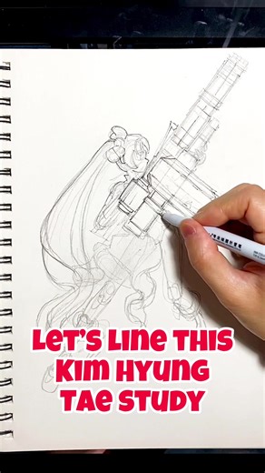 Inking process of drawing this anime girl design by Kim Hyung Tae with a huge Gatling gun. Gotta love it. Will shade… eventually… #sketching #artprocess #penart #howrodraw