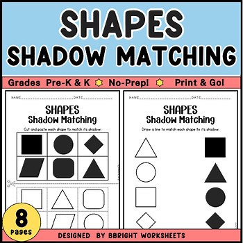 Shapes Shadow Matching Worksheets | Cut & Paste and Draw a Line | Pre-K & K