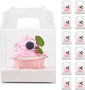 30 PCS Individual Cupcake Containers Single Cupcake Boxes with Handle and Inserts Clear Plastic Favor Boxes