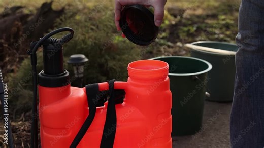 Male gardener mixing a chemical pesticide by pouring a granular substance and water from a bucket into a red manual pressure sprayer, preparing the equipment for garden maintenance and plant care