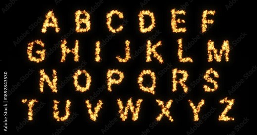 Burning letters of the alphabet from A to Z, made with fire on a black background, fiery typographic animation for dramatic titles, advertising campaigns, countdowns. capital letters