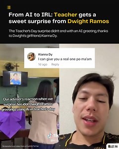 HOW TO BE YOU PO, MA'AM? A Teacher’s Day surprise organized by students for their class adviser went viral on TikTok, featuring an AI-generated greeting from Filipino-American professional basketball player Dwight Ramos. If the teacher's reaction was any indication, the gesture clearly made her day extra special — but the story only gets better from here. PLDT High Speed Hitters star and Dwight's girlfriend, Kianna Dy, caught wind of the viral video, writing: "I can give you a real one, po ma'am