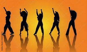 Dancing Silhouettes of Joyful People at Sunset Beach Party Vector Illustration