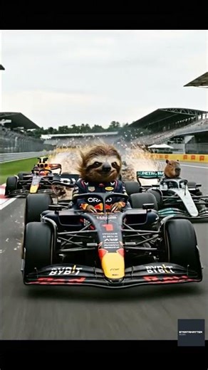 A sloth dressed as an F1 driver speeds down the track in a racing car, with sparks flying 🏎️🦥💨