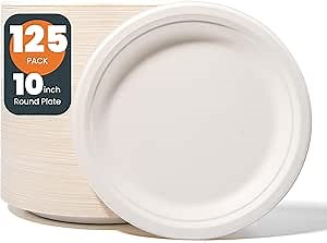 100% Compostable Plates - 125-Count Heavy Duty Disposable 10-Inch Plates Made of Bagasse - Eco-Friendly and Sustainable