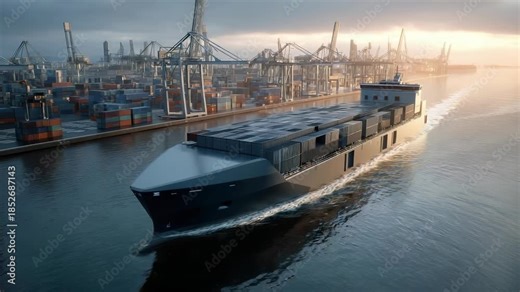 An autonomous cargo ship moves forward in a harbor filled with automated cranes. It transports shipping containers and operates in a modern industrial setting during the day