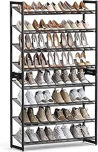SONGMICS Shoe Rack, 8-Tier Shoe Organizer, Metal Rack for Garage, Set of 2, 4-Tier Stackable Shelf, with Adjustable Flat or Angled Shelves, 32-40 Pairs, Ink Black ULMR08B