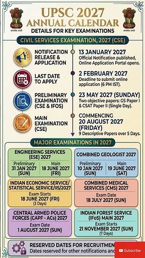 UPSC 2027 Exam Calendar Out! 🗓️ | Key Dates for CSE, ESE & IFS #upsc #ias