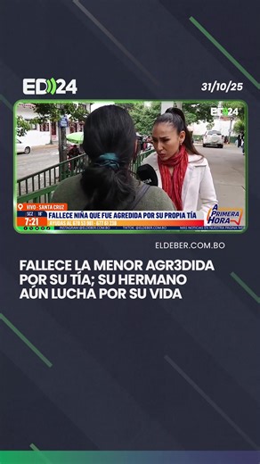 Este viernes, la madre de los dos menores de edad que fueron agr3didos por su tía confirmó el deceso de su hija de 6 años, quien tenía golpes y heridas en varias partes del cuerpo. El hecho ocurrió el 30 de octubre en La Guardia. Los menores fueron trasladados a un hospital de Santa Cruz de la Sierra, en donde, el menor de 4 años continúa recibiendo atención médica. 📌Manténgase informado en www.eldeber.com.bo #ElDeber #Noticias #SantaCruz #Tragedia #Niños 📹A Primera Hora | EL DEBER