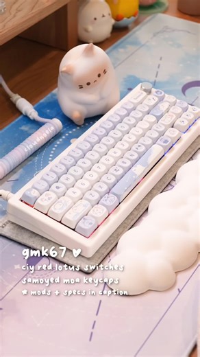 this whole build comes to about $80-90 CAD for me, which holds its own even among the $100 USD prebuilts nowadays! It’s super light, portable, wireless, mac/win modes, RGB backlit with volume knob. 😊 what a goodie! - ✧ gmk67 mods: 2-3 layer tape mod, replaced foam with 3mm Poron foam. I have polyfill in mine but honestly don’t think it’s doing much lol — I got my keyboard for about $45 cad from AliExpress! - ✧ keycaps: MOA profile Samoye set ($20 🫨) - ✧ switches: CIY Red Lotus @kprepublic (ALS