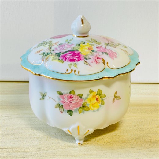 Vintage Lefton China Trinket Box: Painted Floral Roses, Aqua Trim, Gold Accents, Footed Dish - Etsy