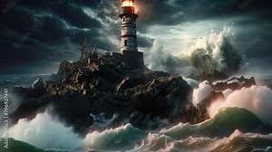 Lighthouse on the rock in stormy sea. 3d render, An isolated iron lighthouse shining light out to sea at night as it sits on a rocky stone island being battered by huge ocean waves