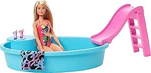 Barbie Doll & Pool Playset with Pink Slide, Beverage Accessories & Towel, Blonde Fashion Doll in Tropical Swimsuit