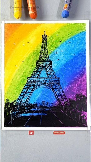Easy Eiffel Tower with Rainbow scenery drawing | Oil pastel art #shorts #easydrawing #shortsfeed