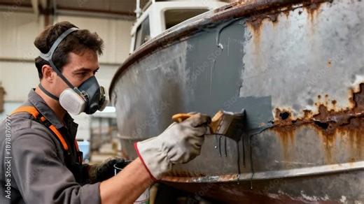 Midshot of a worker applying rustpreventive coating on a metal boat hull focusing on corrosion protection and preserving the vessels durability.