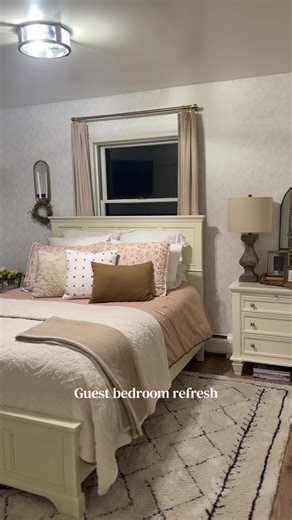 This guest bedroom got a light refresh with some white on white wallpaper and fresh bedding. #guestbedroom #roomrefresh #wallpaperaesthetic #wallpaperideas