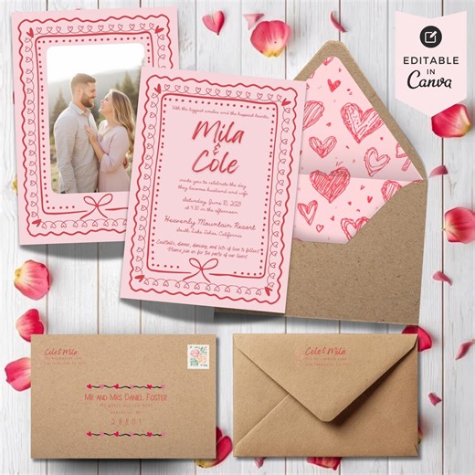 Whimsical Hearts Wedding Invitation Canva Template, Photo Back (digital Download) - Etsy