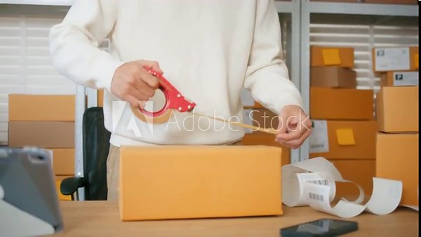Close up of Business owner using adhesive tape dispenser to packing a parcel, cardboard box, preparing for delivery, transportation and dispatching at warehouse. Hand and tape with box for logistics. 素材庫影片